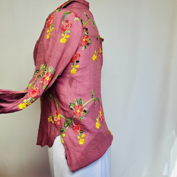 Fig and Flower Embroidered Boho Button Up Blouse No Size Tag Floral Gauze Top - Picture 4 of 8